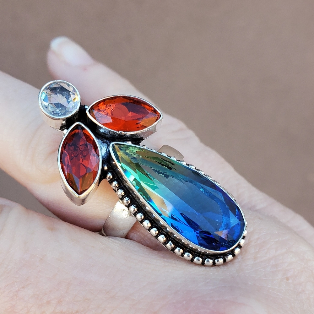 New Bi-Color Tourmaline, Garnet, White Topaz 925 Silver Ring.